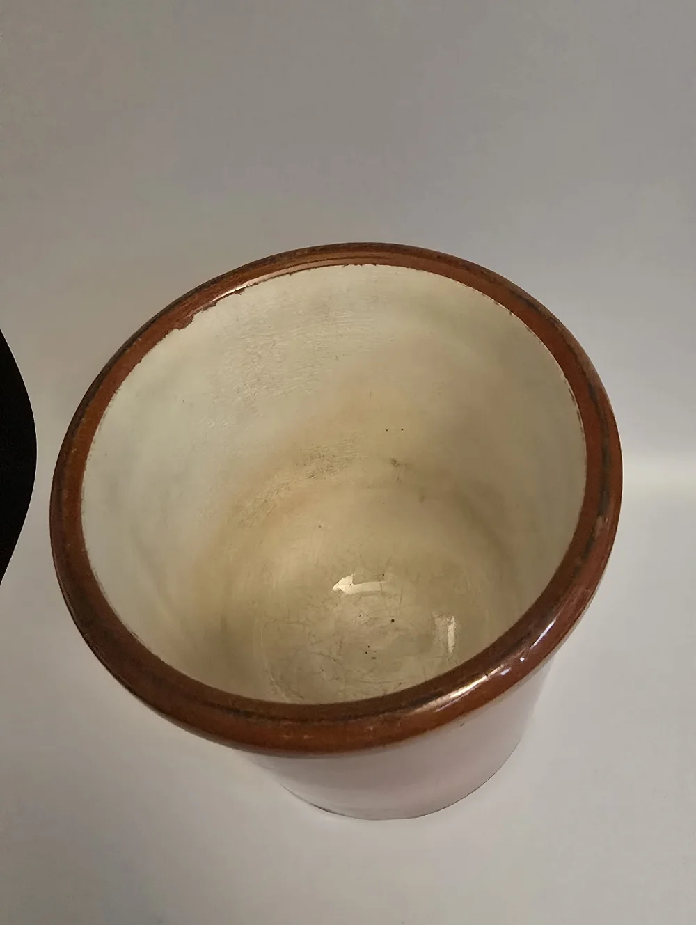 Vintage Brown Stoneware Utensil Crock - Brown and White